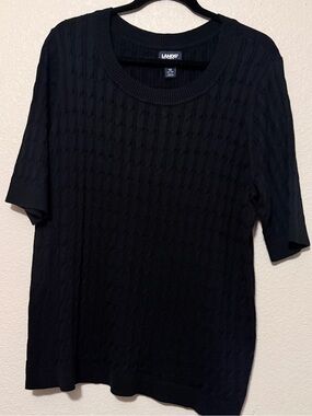 Lands' End Black Cable-Knit Short Sleeve Sweater Top 0008